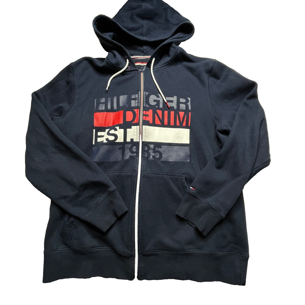 Tommy Hilfiger Denim Mens Zip Hoodie Size XL Navy Spell Out Logo Full Zip